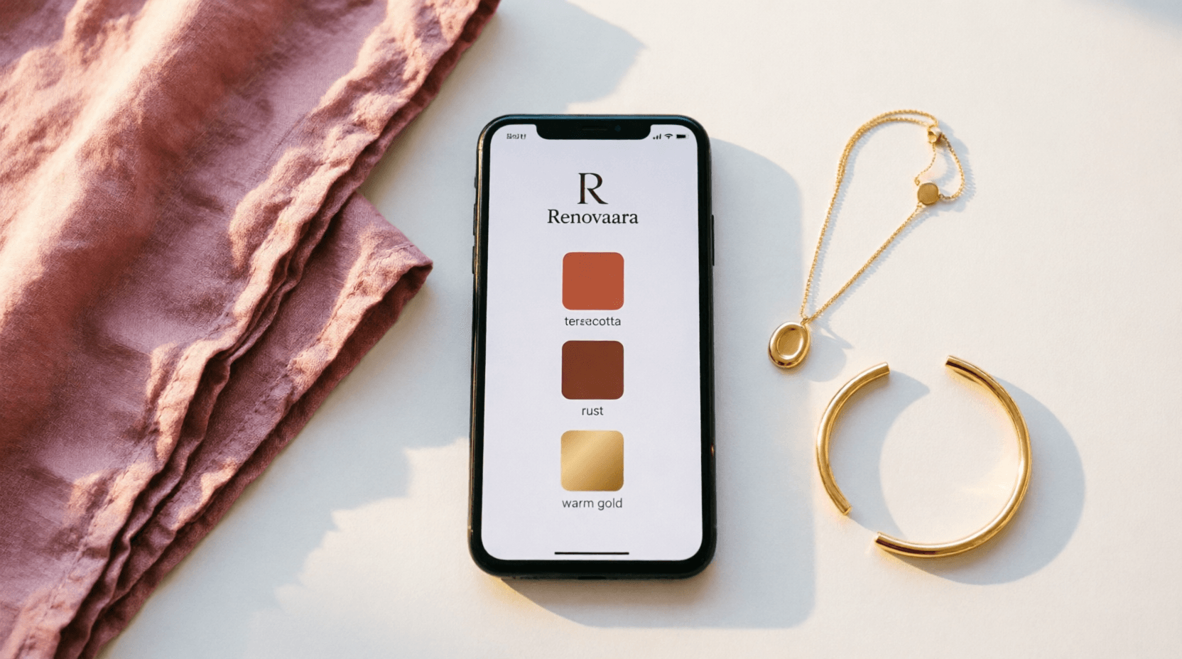 Renovaara colour season palette — terracotta, rust and warm gold on iPhone